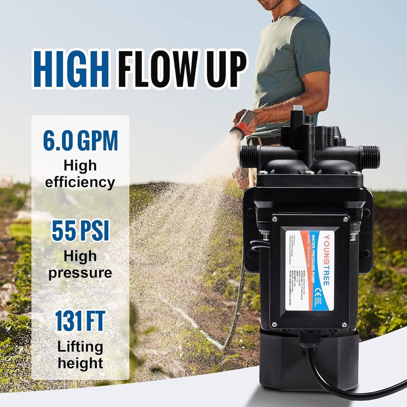 YoungTree Brushless 110V Water Pressure Transfer Pump Continuous Duty 6.0GPM 55PSI On Demand Fresh Water Diaphragm Pump 110 Volt AC for Irrigation Garden Home Pool Car Washing Rain Barrel Industry - Image 2